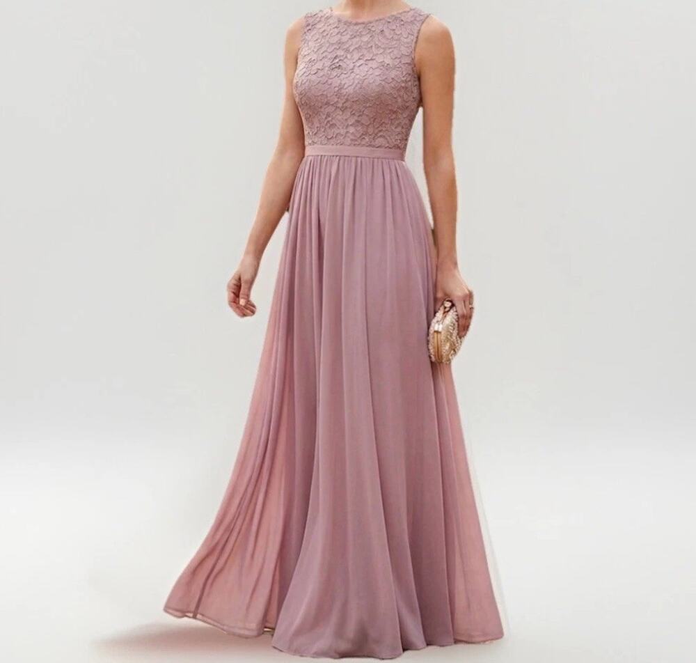 Mauve Pink Lace Chiffon Maxi Dress Bridesmaid Prom Formal XS/S